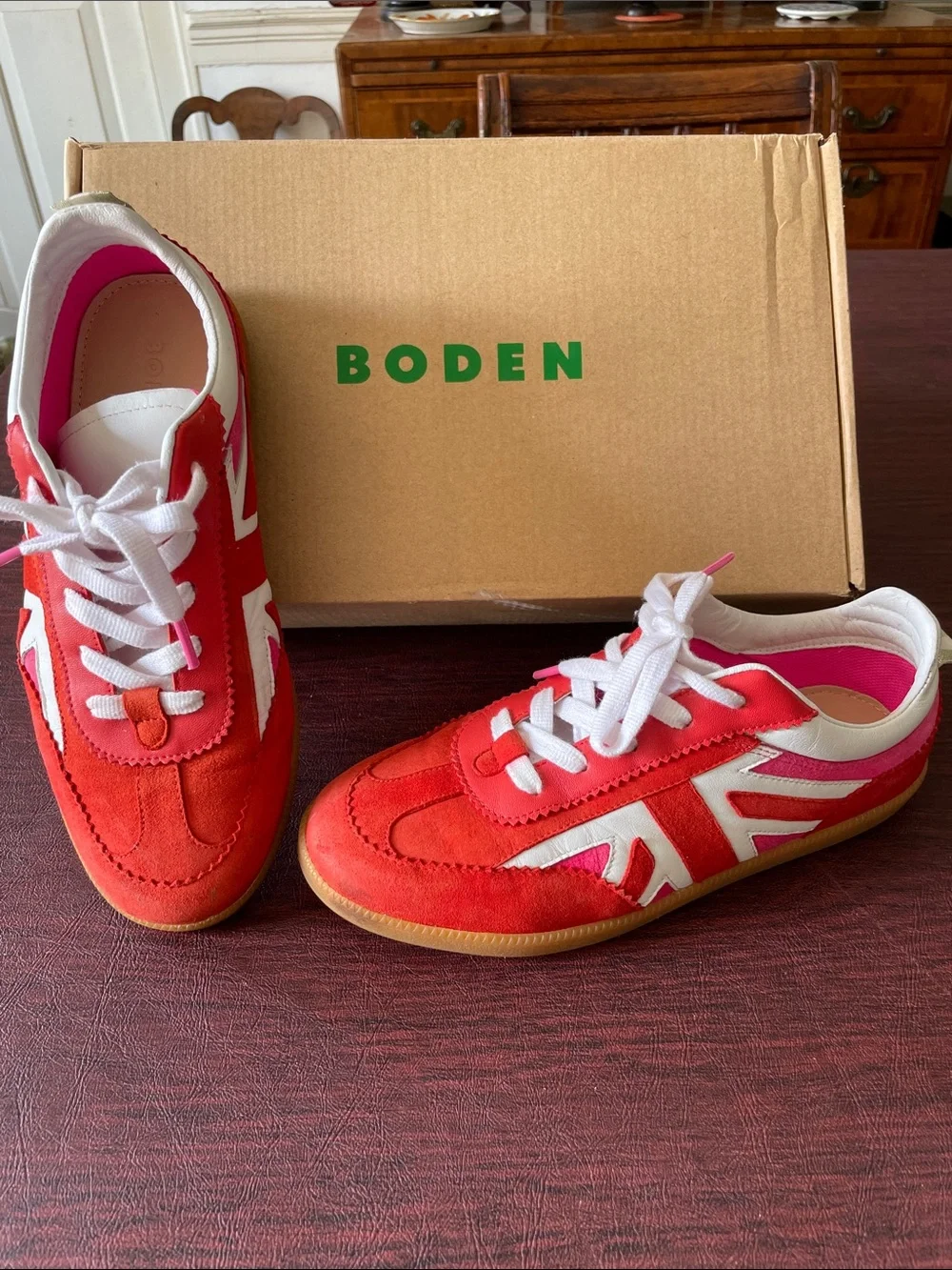 Boden Red Suede with Pink Suede Accents & White Leather Accent Sneakers